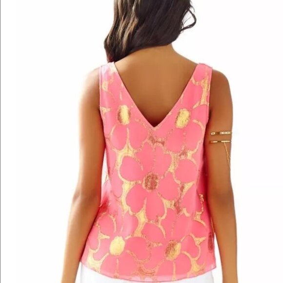 NWT NEW LILLY PULITZER CIPRIANI SILK TOP M PINK SUNRAY FLORAL CLIP CHIFFON SHIRT - Picture 2 of 2
